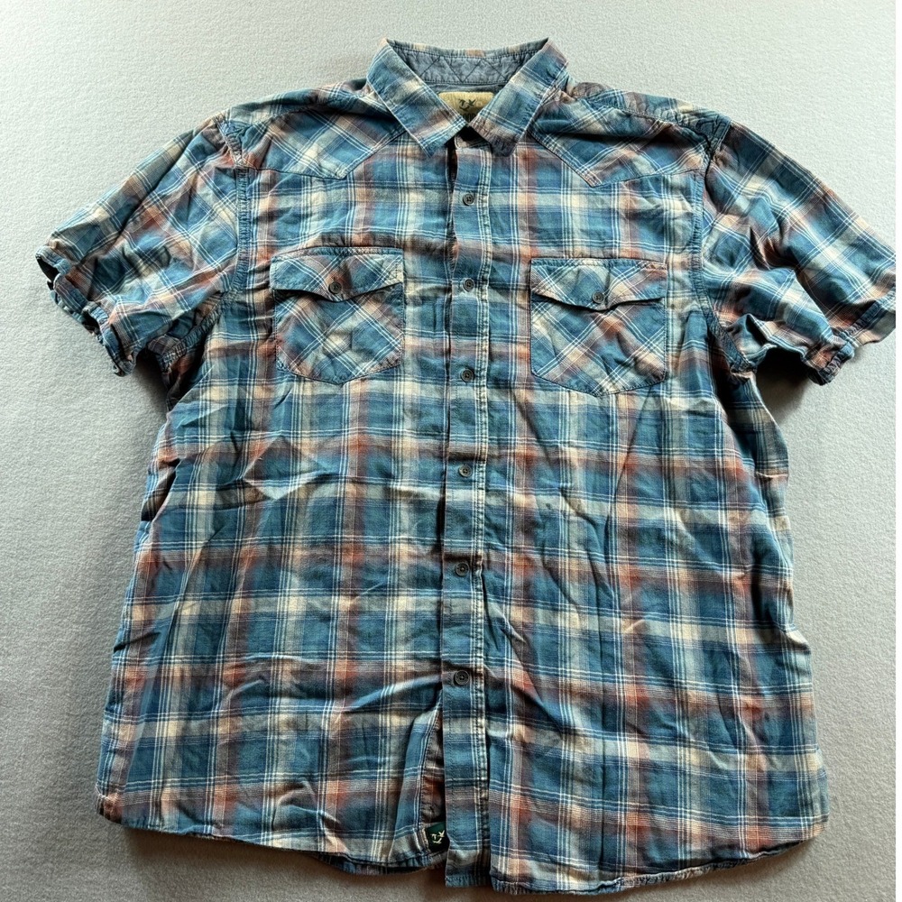 Outdoor Life Button Down Shirt Men XL Blue Plaid Short Sleeve Western Yoke